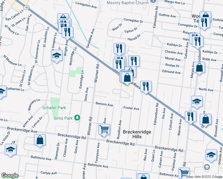 map of restaurants, bars, coffee shops, grocery stores, and more near 9760 McDowell Place in Breckenridge Hills