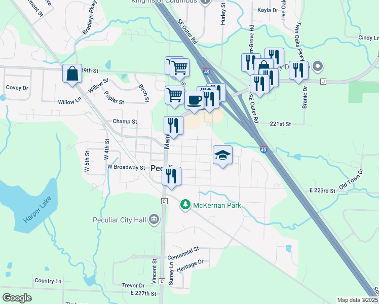 map of restaurants, bars, coffee shops, grocery stores, and more near in Peculiar