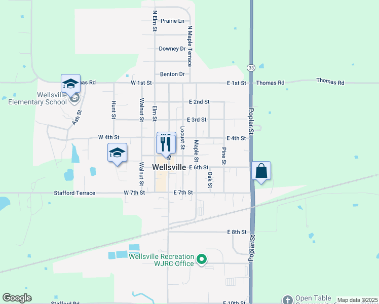 map of restaurants, bars, coffee shops, grocery stores, and more near 205 East 5th Street in Wellsville