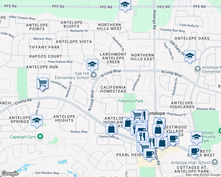 map of restaurants, bars, coffee shops, grocery stores, and more near 8449 Bramble Bush Circle in Antelope