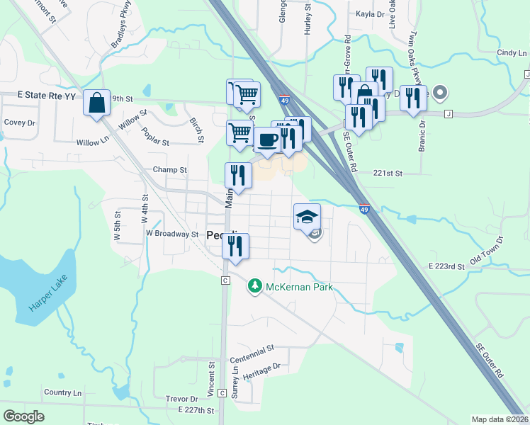 map of restaurants, bars, coffee shops, grocery stores, and more near 276 East Center Street in Peculiar