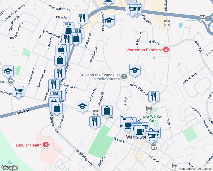 map of restaurants, bars, coffee shops, grocery stores, and more near 129 Fairfax Street in Warrenton