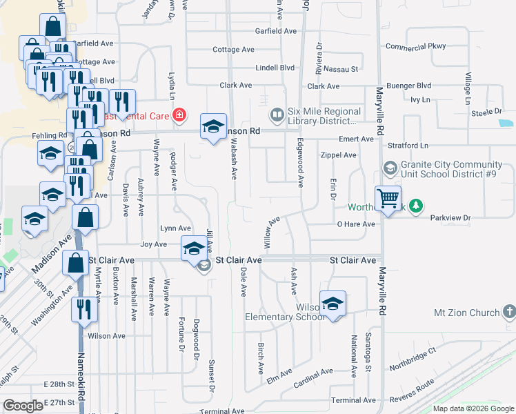 map of restaurants, bars, coffee shops, grocery stores, and more near 49 Villa Court in Granite City