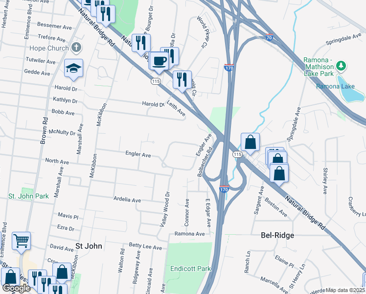 map of restaurants, bars, coffee shops, grocery stores, and more near 8432 Madeline Drive in St. Louis