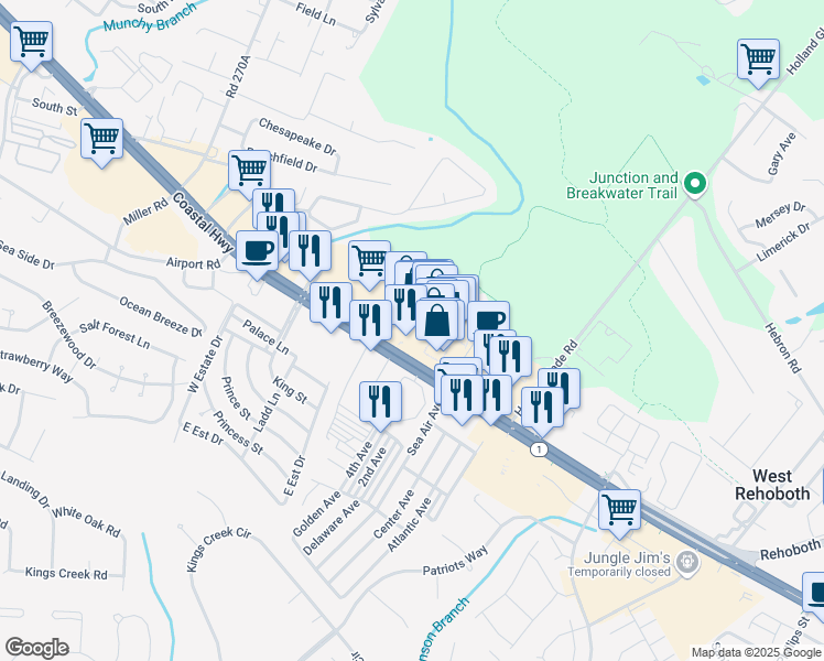 map of restaurants, bars, coffee shops, grocery stores, and more near 36470 Seaside Outlet Drive in Rehoboth Beach