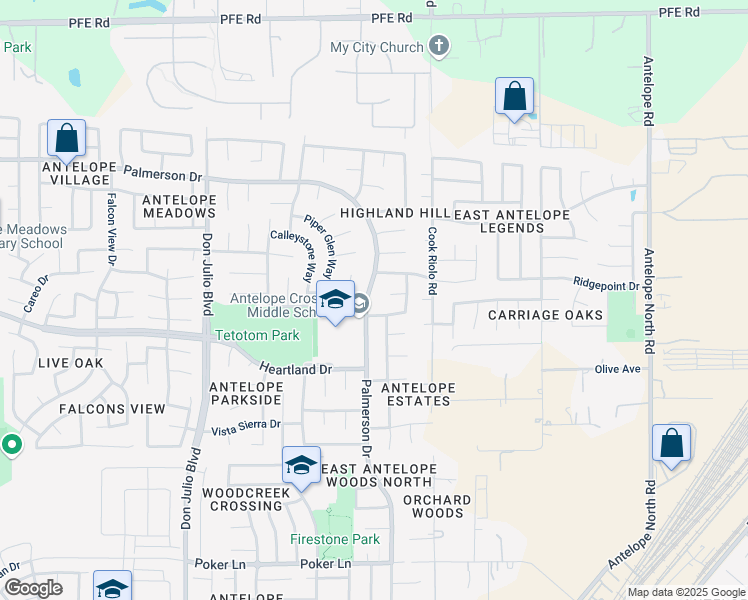 map of restaurants, bars, coffee shops, grocery stores, and more near 9145 Palmerson Drive in Antelope