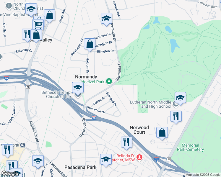 map of restaurants, bars, coffee shops, grocery stores, and more near 5408 Bermuda Drive in St. Louis