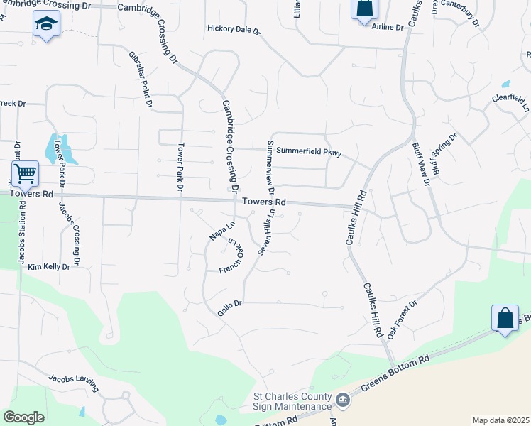map of restaurants, bars, coffee shops, grocery stores, and more near 797 Seven Hills Lane in Saint Charles