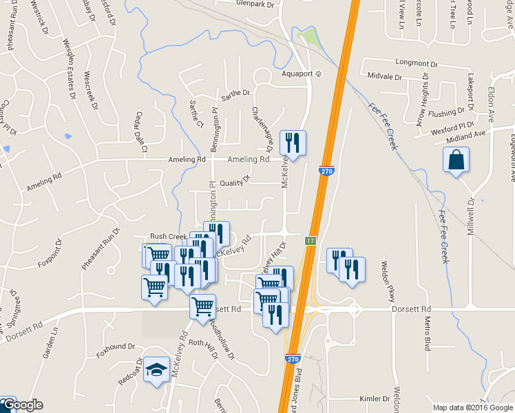 map of restaurants, bars, coffee shops, grocery stores, and more near 11881 McKelvey Gardens Drive in Maryland Heights