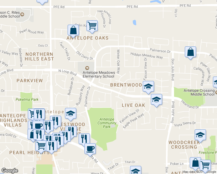 map of restaurants, bars, coffee shops, grocery stores, and more near 8513 Oakenshield Circle in Antelope