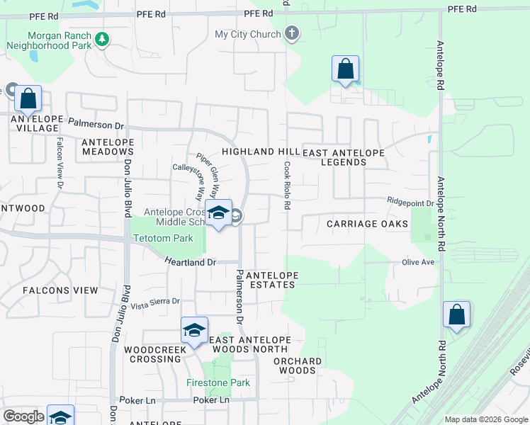 map of restaurants, bars, coffee shops, grocery stores, and more near 5416 Snow Spring Place in Antelope