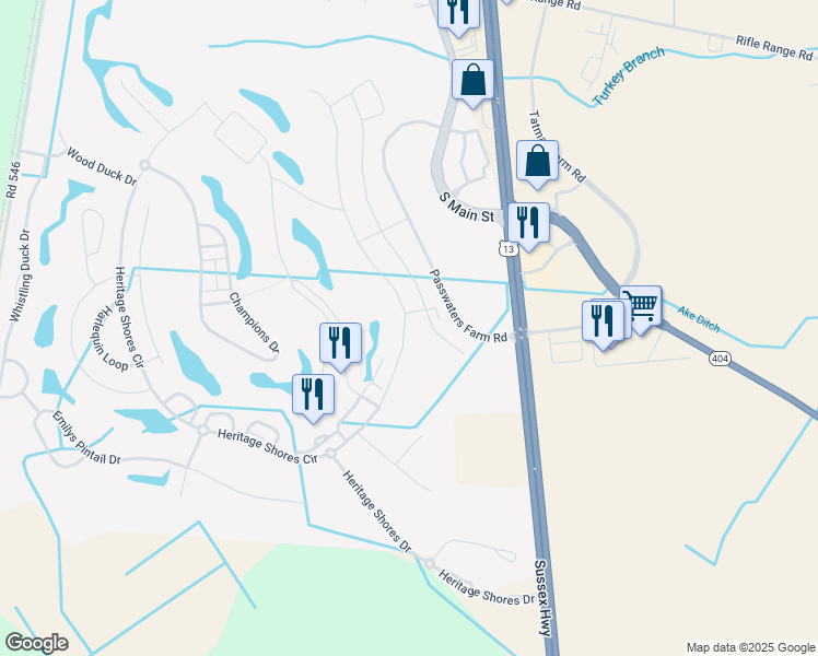 map of restaurants, bars, coffee shops, grocery stores, and more near 32 Royal View Drive in Bridgeville