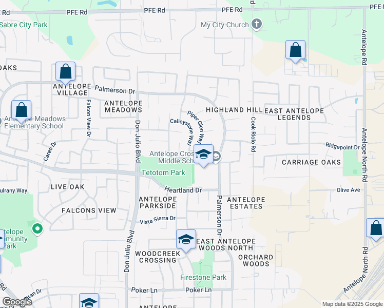 map of restaurants, bars, coffee shops, grocery stores, and more near 8245 Calleystone Way in Antelope