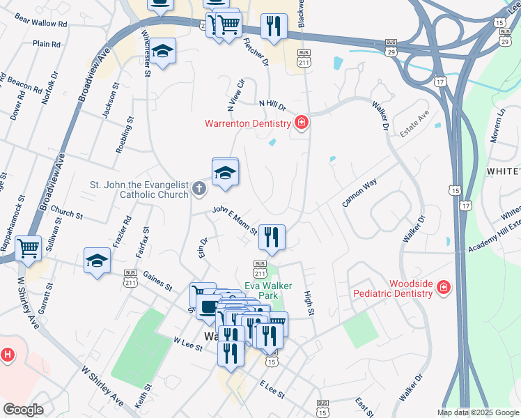 map of restaurants, bars, coffee shops, grocery stores, and more near 276 Preston Drive in Warrenton