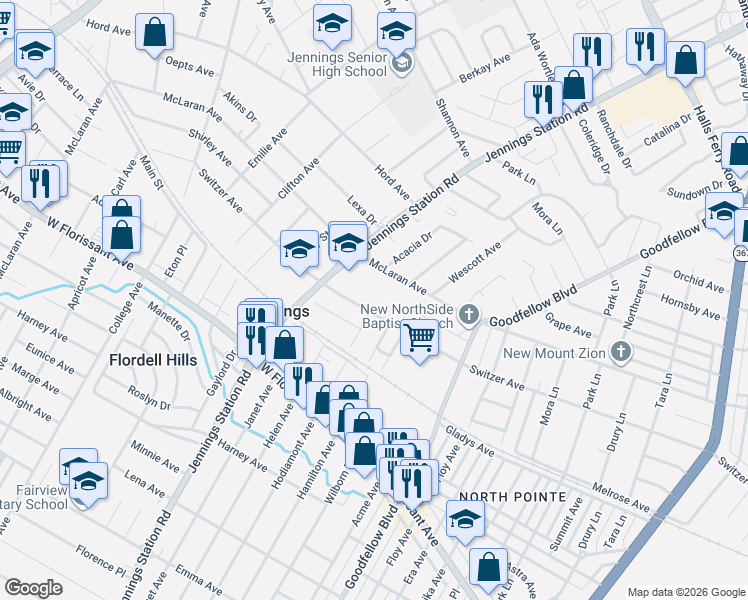 map of restaurants, bars, coffee shops, grocery stores, and more near 2033 Switzer Avenue in Jennings