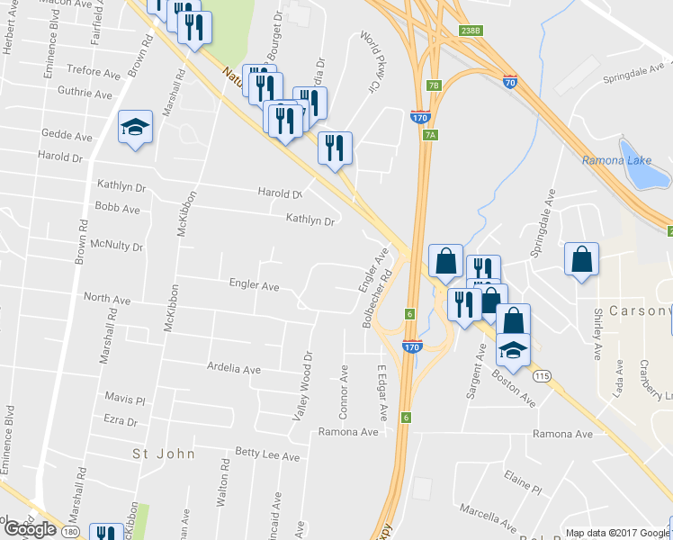 map of restaurants, bars, coffee shops, grocery stores, and more near 8432 Madeline Drive in St. Louis