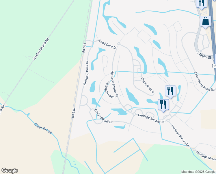 map of restaurants, bars, coffee shops, grocery stores, and more near 18 Harlequin Loop in Bridgeville