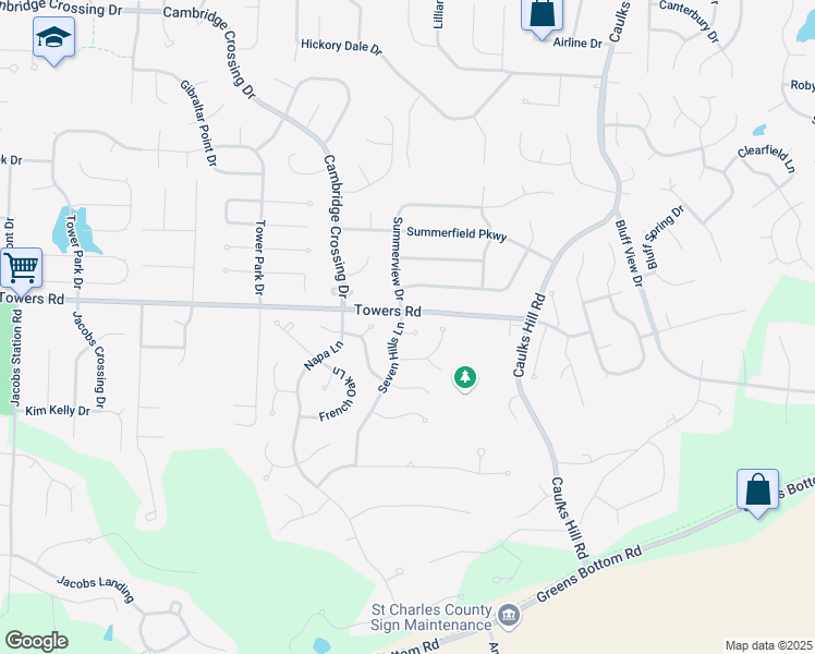 map of restaurants, bars, coffee shops, grocery stores, and more near 797 Seven Hills Lane in Saint Charles