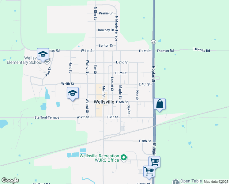 map of restaurants, bars, coffee shops, grocery stores, and more near 205 East 5th Street in Wellsville