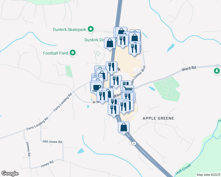 map of restaurants, bars, coffee shops, grocery stores, and more near 10324 Southern Maryland Boulevard in Dunkirk