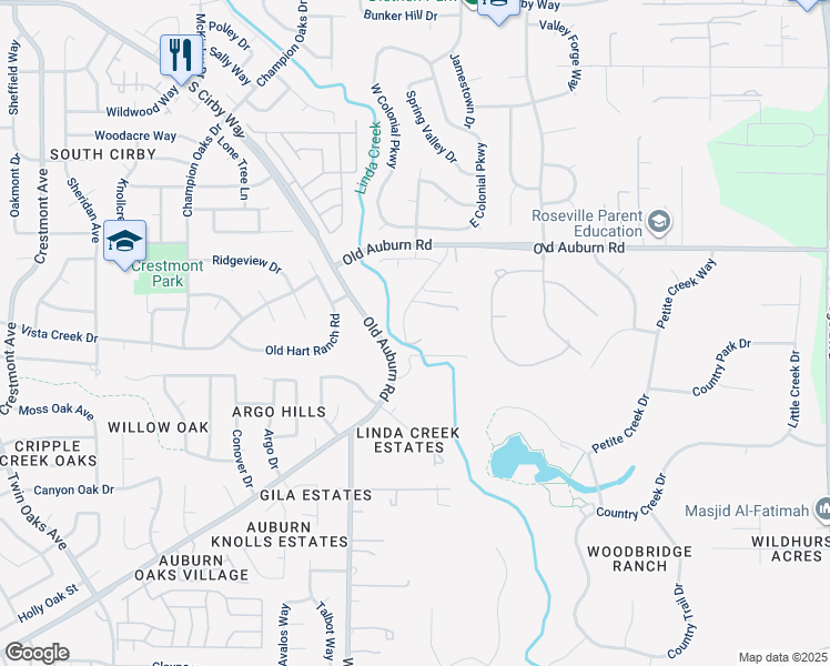 map of restaurants, bars, coffee shops, grocery stores, and more near 3160 Spahn Ranch Road in Roseville