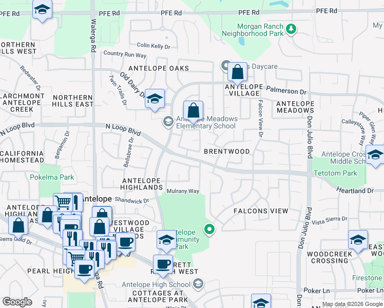 map of restaurants, bars, coffee shops, grocery stores, and more near 8513 Oakenshield Circle in Antelope