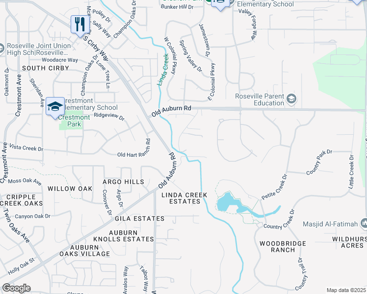 map of restaurants, bars, coffee shops, grocery stores, and more near 3160 Spahn Ranch Road in Roseville