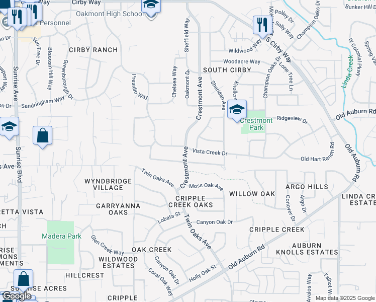 map of restaurants, bars, coffee shops, grocery stores, and more near 1803 Vista Creek Drive in Roseville