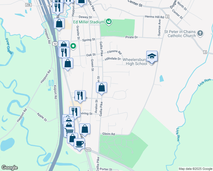 map of restaurants, bars, coffee shops, grocery stores, and more near 8669 Hillcrest Rd in Wheelersburg
