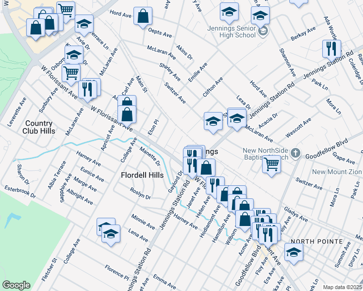 map of restaurants, bars, coffee shops, grocery stores, and more near 8324 Octavia Avenue in Jennings