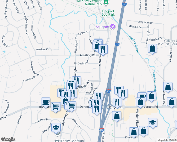 map of restaurants, bars, coffee shops, grocery stores, and more near 11881 McKelvey Gardens Drive in Maryland Heights