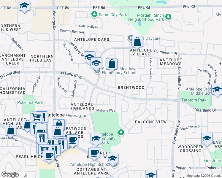 map of restaurants, bars, coffee shops, grocery stores, and more near 8521 Oakenshield Circle in Antelope