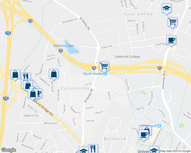 map of restaurants, bars, coffee shops, grocery stores, and more near 3733 North Hanley Road in St. Louis