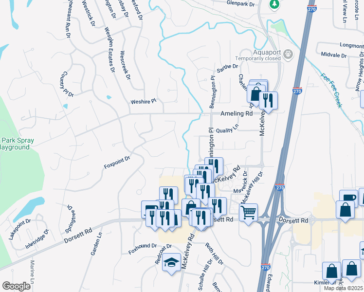 map of restaurants, bars, coffee shops, grocery stores, and more near 2108 Butterfield Court in Maryland Heights