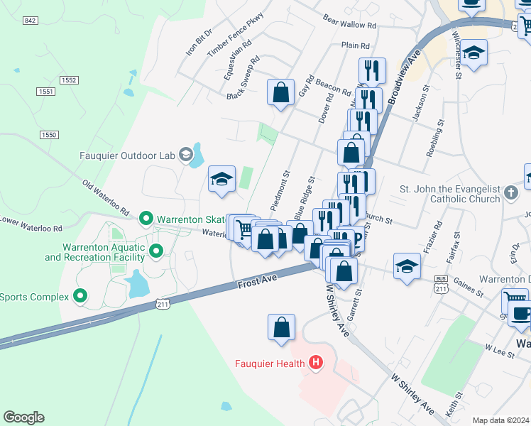 map of restaurants, bars, coffee shops, grocery stores, and more near 48 Piedmont Street in Warrenton