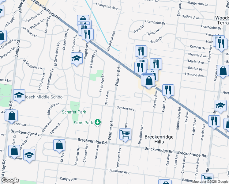 map of restaurants, bars, coffee shops, grocery stores, and more near 1447 Emory Lane in Saint Ann