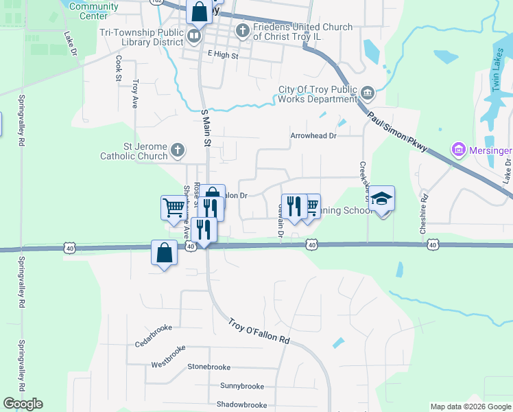 map of restaurants, bars, coffee shops, grocery stores, and more near 708 Merlin Court in Troy