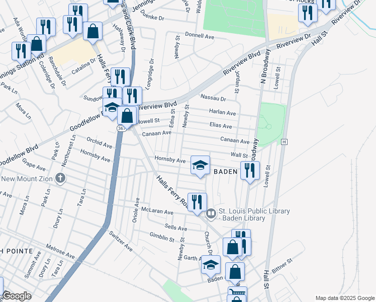 map of restaurants, bars, coffee shops, grocery stores, and more near 1050 Wall Street in St. Louis