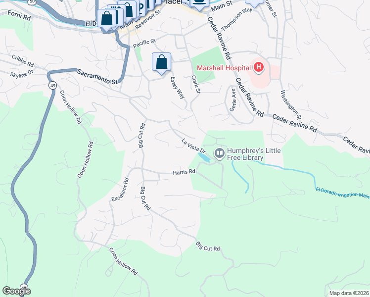 map of restaurants, bars, coffee shops, grocery stores, and more near 3330 La Vista Drive in Placerville