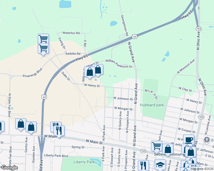 map of restaurants, bars, coffee shops, grocery stores, and more near 1120 West Henry Street in Sedalia