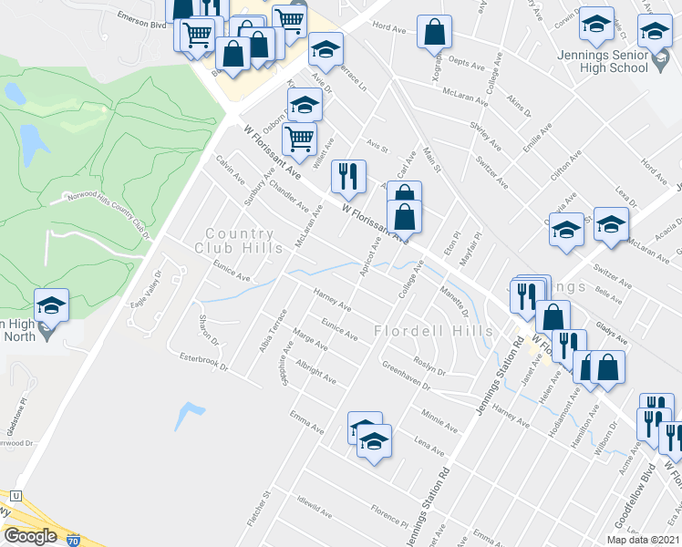 map of restaurants, bars, coffee shops, grocery stores, and more near 7313 Jenwood Avenue in Jennings