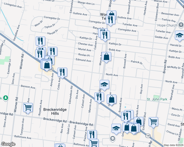 map of restaurants, bars, coffee shops, grocery stores, and more near 3544 Calvert Avenue in St. Louis