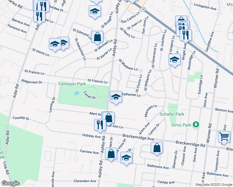 map of restaurants, bars, coffee shops, grocery stores, and more near 10352 Saint Katherine Lane in Saint Ann