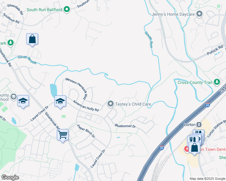 map of restaurants, bars, coffee shops, grocery stores, and more near 8100 American Holly Road in Lorton
