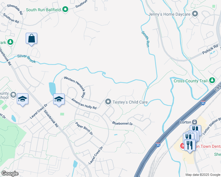 map of restaurants, bars, coffee shops, grocery stores, and more near 8100 American Holly Road in Lorton