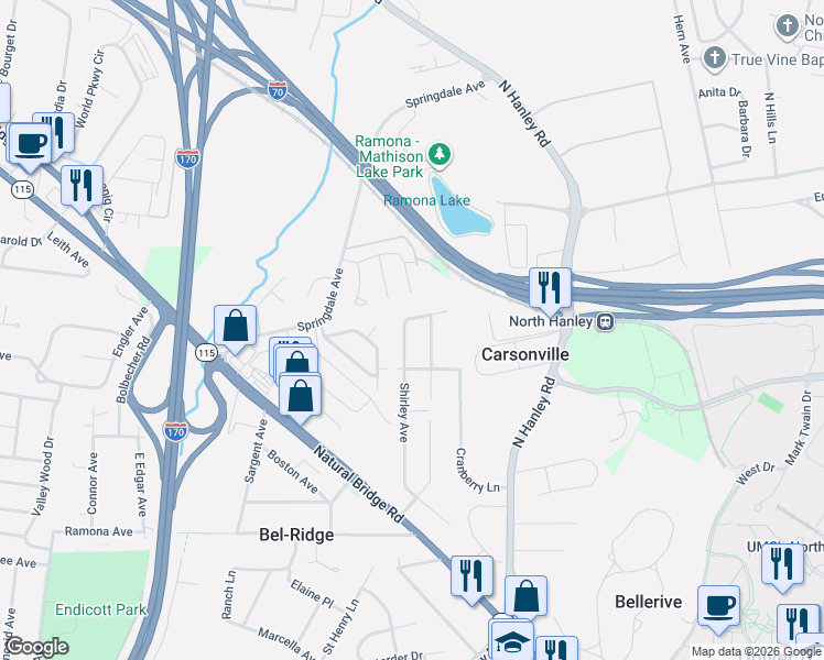 map of restaurants, bars, coffee shops, grocery stores, and more near 4123 Appleberry Lane in St. Louis