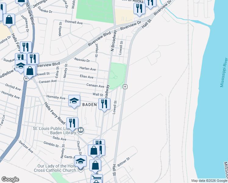 map of restaurants, bars, coffee shops, grocery stores, and more near 8561 Lowell Street in St. Louis