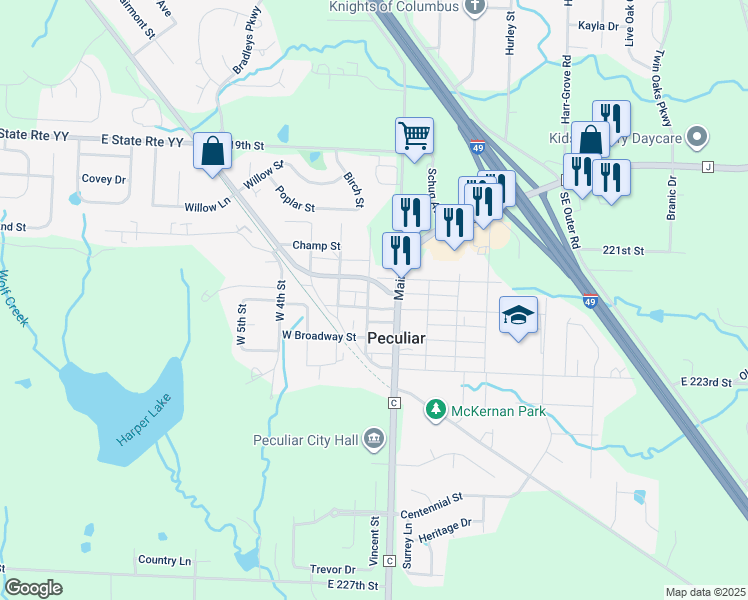 map of restaurants, bars, coffee shops, grocery stores, and more near 164 West Center Street in Peculiar