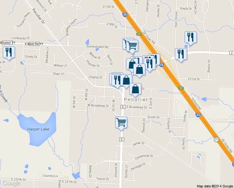 map of restaurants, bars, coffee shops, grocery stores, and more near 164 West Center Street in Peculiar