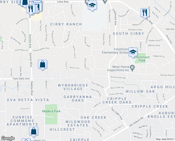 map of restaurants, bars, coffee shops, grocery stores, and more near 1535 Pine Valley Circle in Roseville